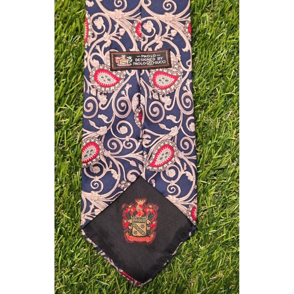 VTG Paolo Gucci Silk Tie Navy Blue Red Gold Paisley Baroque Italian Designer 90s